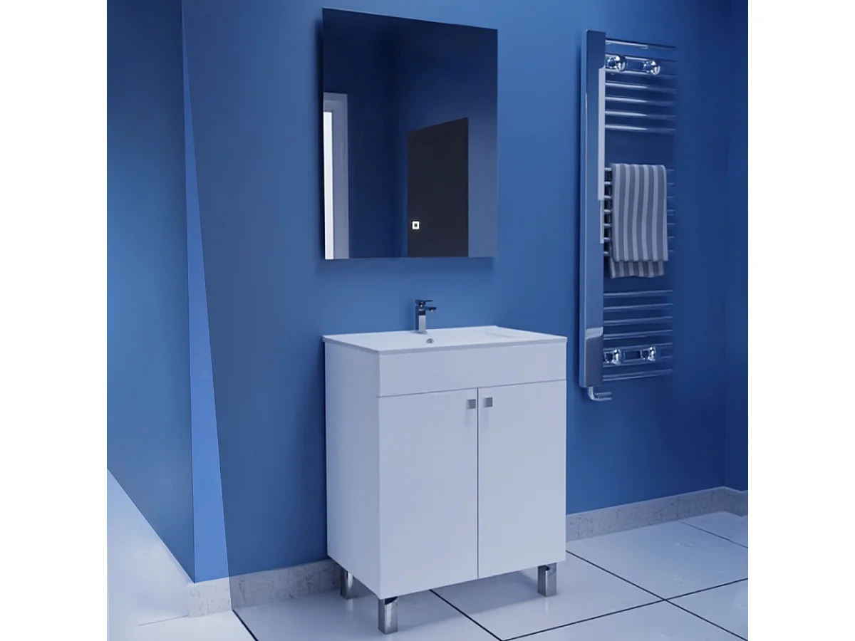 Mueble de Baño o Aseo con Patas, 2 Puertas y Espejo, Acabado en Blanco Brillo - Dim: 60 cm (Ancho) x 80 cm (Alto) x 45 cm (Fondo)