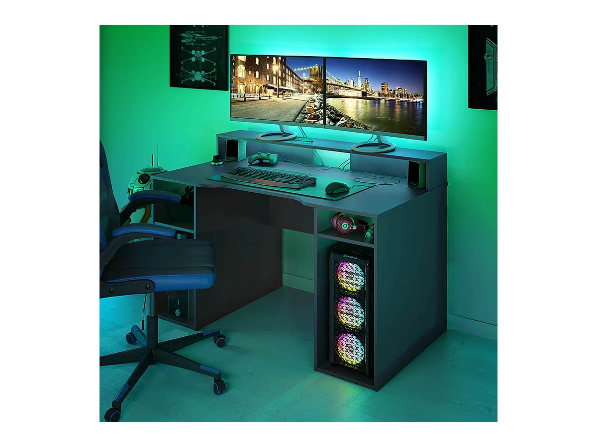 Mesa de Ordenador, estación e-Gaming con Acabado en Gris Antracita - Dim: 136 x 67 x 73-88 cm