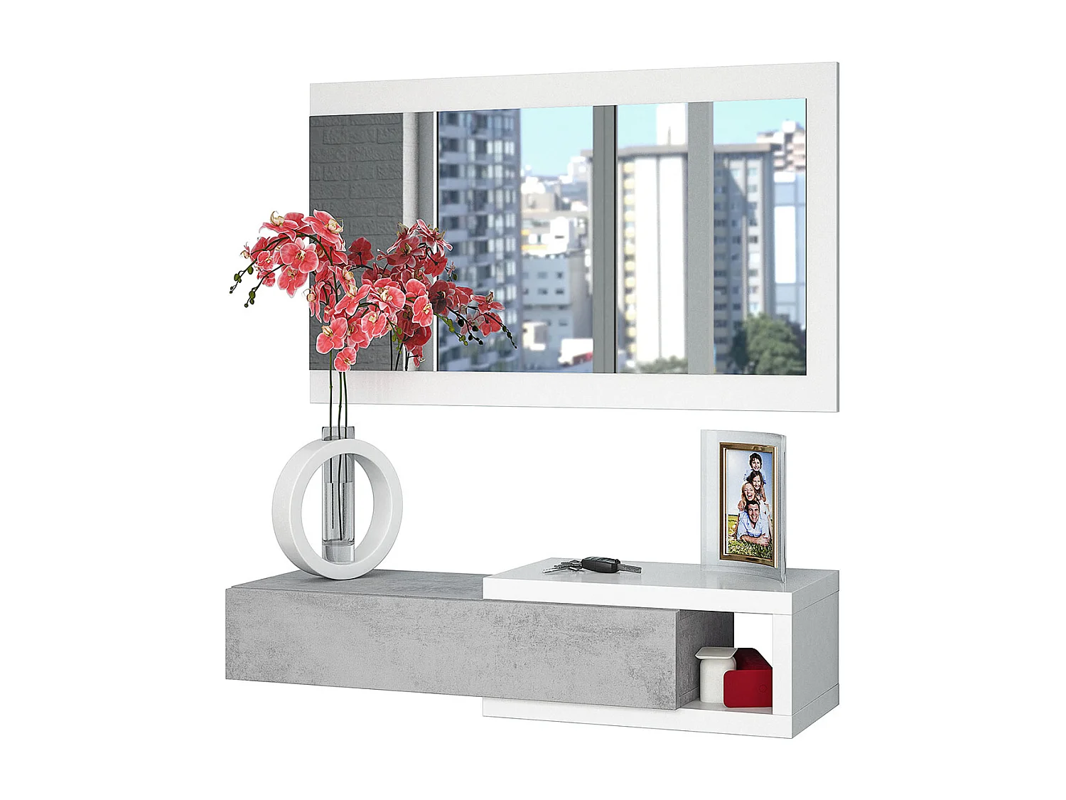 Mueble de Entrada Reversible con Espejo y 1 Cajón Color Blanco ártico/Cemento - 19 x 95 x 26 cm