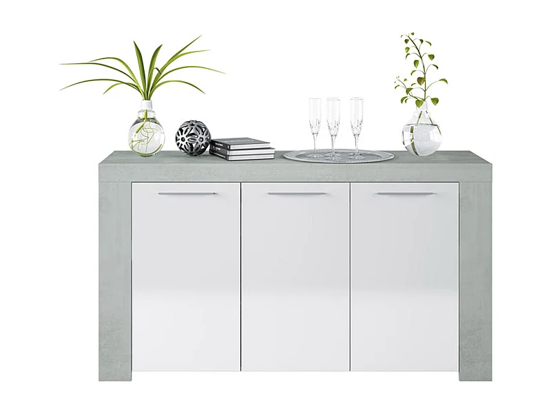 Aparador Buffet Moderno con 3 Puertas en Melamina con Acabado en Color Blanco Artik y Gris Cemento - Dim: 144 cm (Ancho) x 80 cm (Alto) x 42 cm (Fondo)