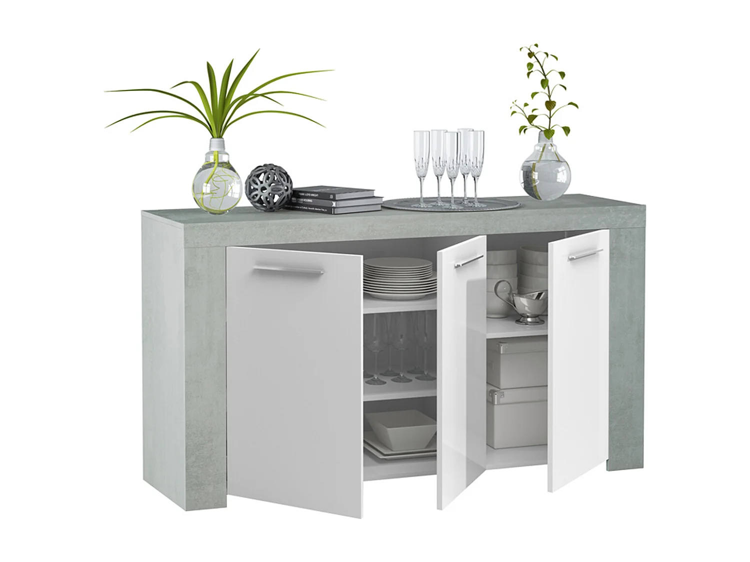 Aparador Buffet Moderno con 3 Puertas en Melamina con Acabado en Color Blanco Artik y Gris Cemento - Dim: 144 cm (Ancho) x 80 cm (Alto) x 42 cm (Fondo)