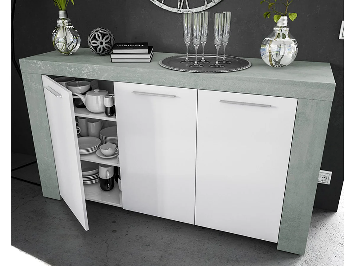 Aparador Buffet Moderno con 3 Puertas en Melamina con Acabado en Color Blanco Artik y Gris Cemento - Dim: 144 cm (Ancho) x 80 cm (Alto) x 42 cm (Fondo)