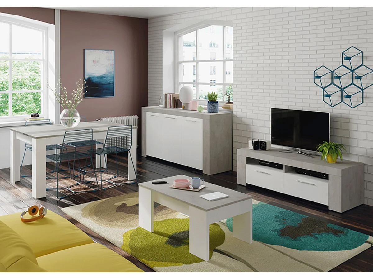 Aparador Buffet Moderno con 3 Puertas en Melamina con Acabado en Color Blanco Artik y Gris Cemento - Dim: 144 cm (Ancho) x 80 cm (Alto) x 42 cm (Fondo)