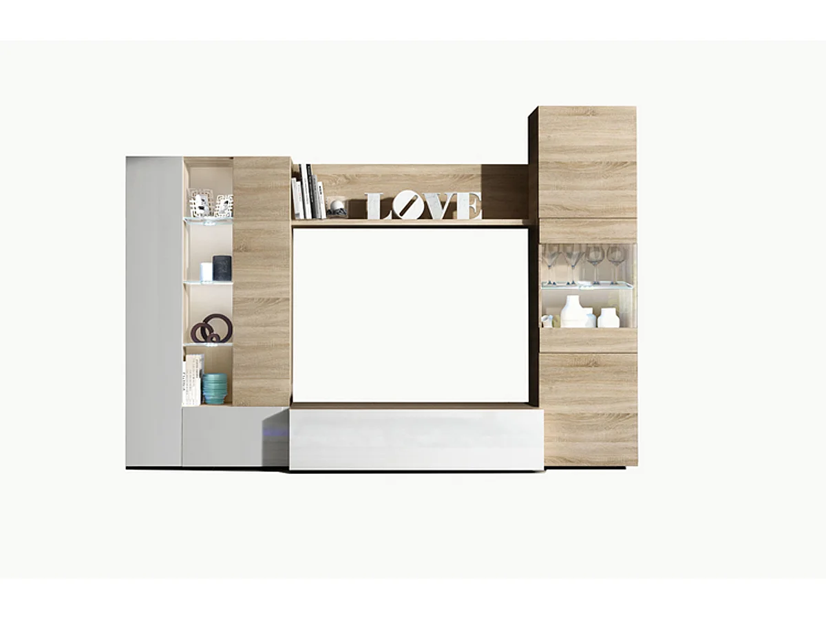 Mueble de TV con Leds Acabado en Blanco Brillo y Roble Canadian - Dim: 260 cm (Ancho) x 185 cm (Alto) x 42 cm (Fondo)