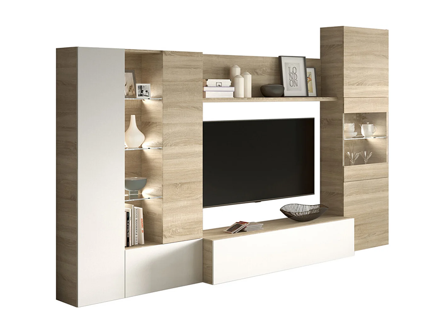 Mueble de TV con Leds Acabado en Blanco Brillo y Roble Canadian - Dim: 260 cm (Ancho) x 185 cm (Alto) x 42 cm (Fondo)