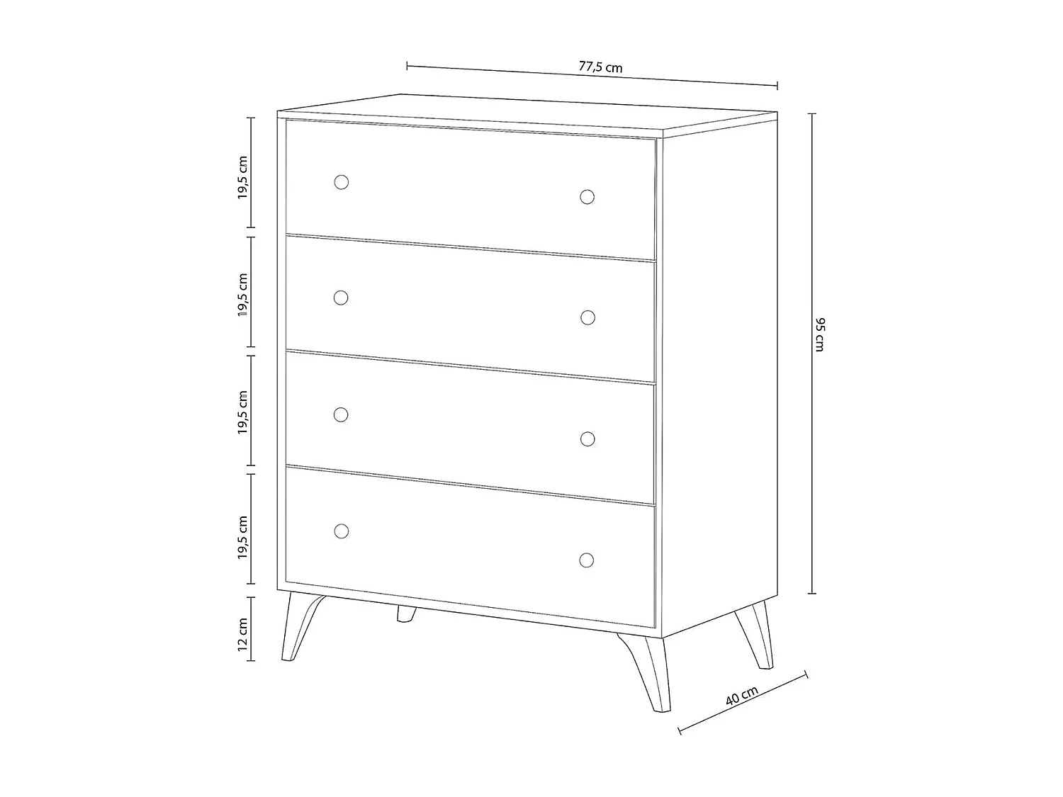Comoda Dormitorio con 4 Cajones con Acabado en Color Blanco Artik - Dim: 77,5 cm (Ancho) x 95 cm (Alto) x 40 cm (Fondo)