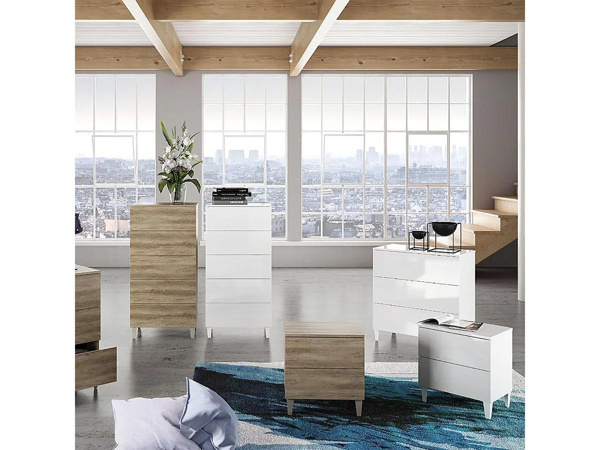 Cajonera de Madera Color Blanco Brillante con 5 Cajones - Dim : 117 x 61 x 40 cm