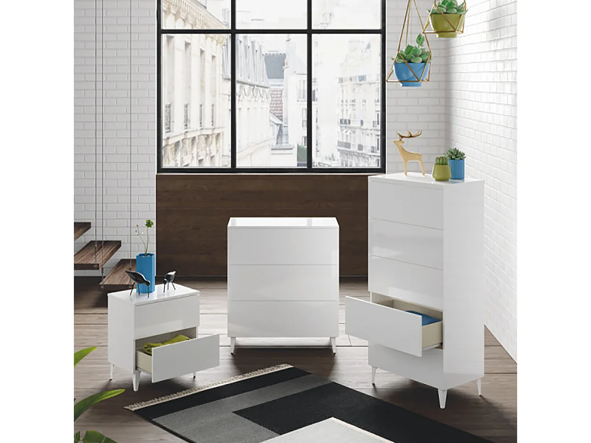 Cajonera de Madera Color Blanco Brillante con 5 Cajones - Dim : 117 x 61 x 40 cm