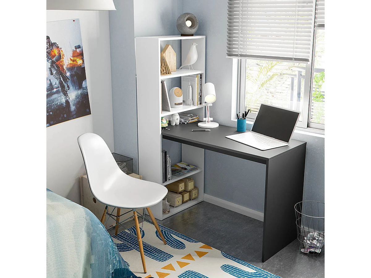 Escritorio Reversible Multiposición en de melamina Color Blanco artik y Gris Antracita - Altura 144 x Longitud 120 x Profundidad 53 cm