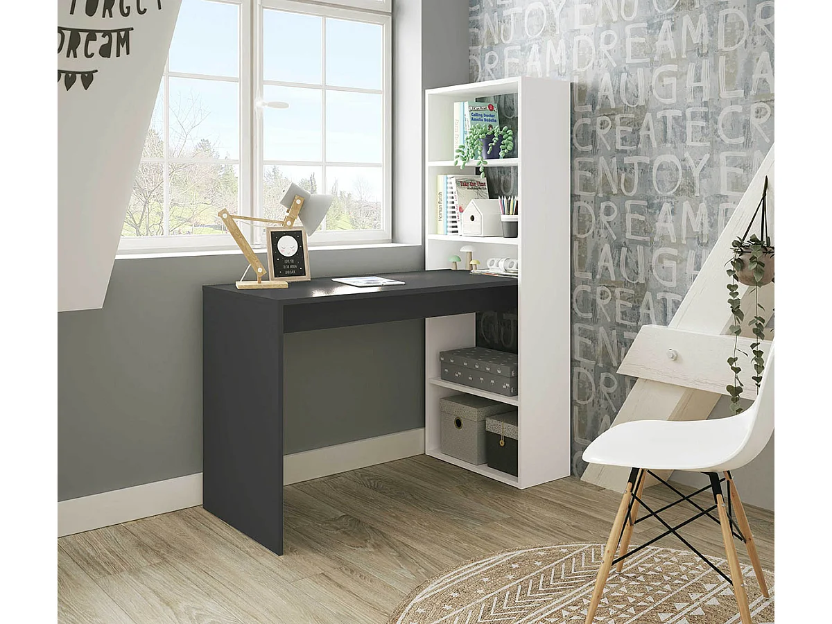 Escritorio Reversible Multiposición en de melamina Color Blanco artik y Gris Antracita - Altura 144 x Longitud 120 x Profundidad 53 cm