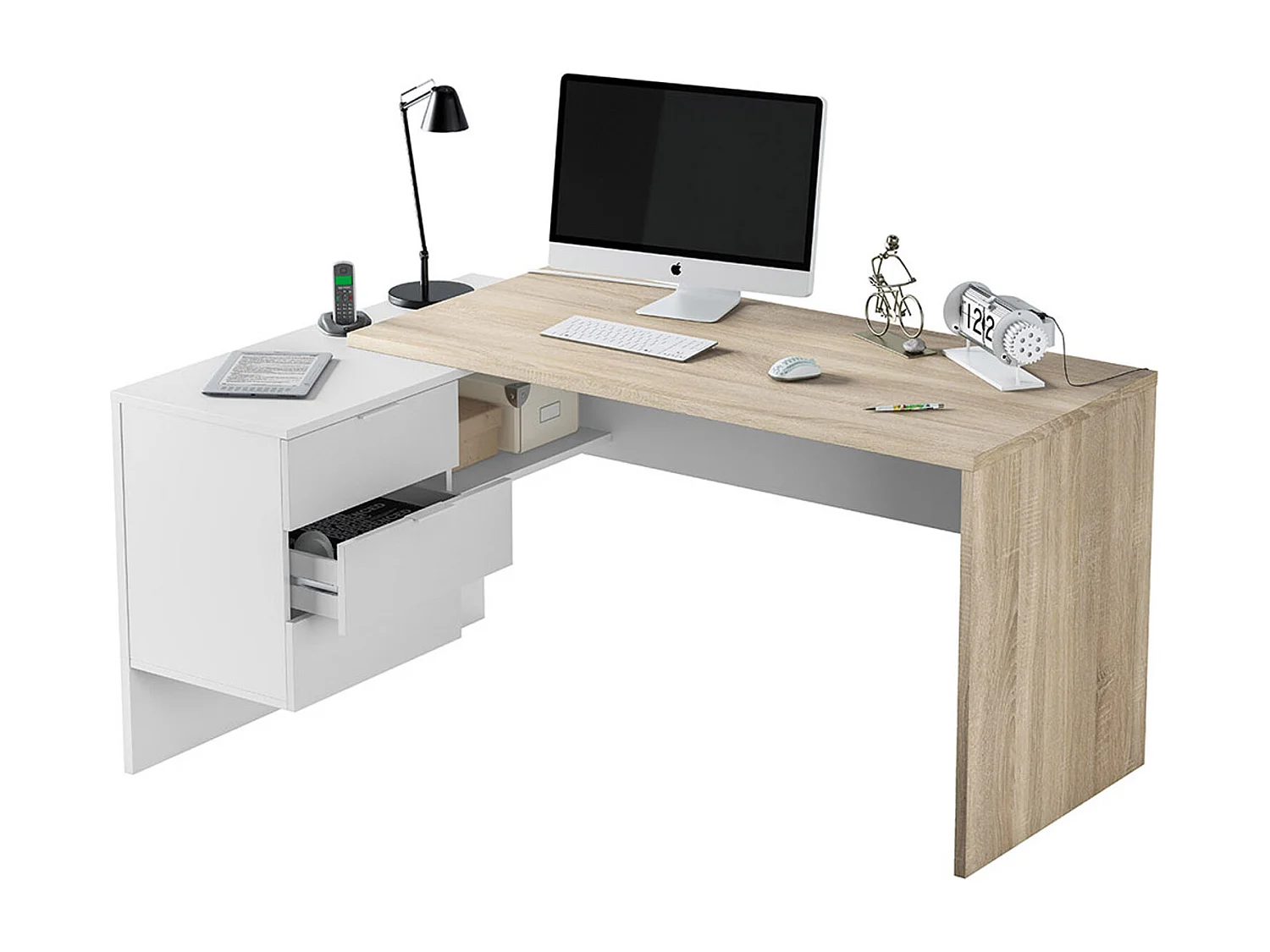 Mesa Escritorio + Caja con 3 Cajones con Acabado en Blanco Artik y Roble Canadian - Dim: 73 cm (Alto) x 145 cm (Ancho) x 108 cm (Fondo)