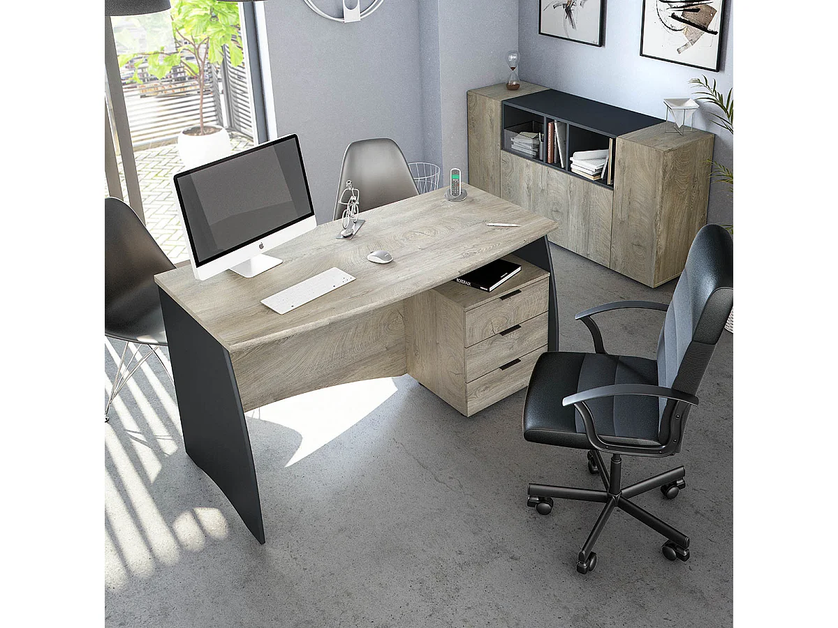 Mesa Escritorio con 3 Cajones para Despacho, Oficina o Estudio con Acabado en Gris Antracita y Roble Alaska - Dim: 136 cm (Ancho) x 67 cm (Fondo) x 74 cm (Alto)