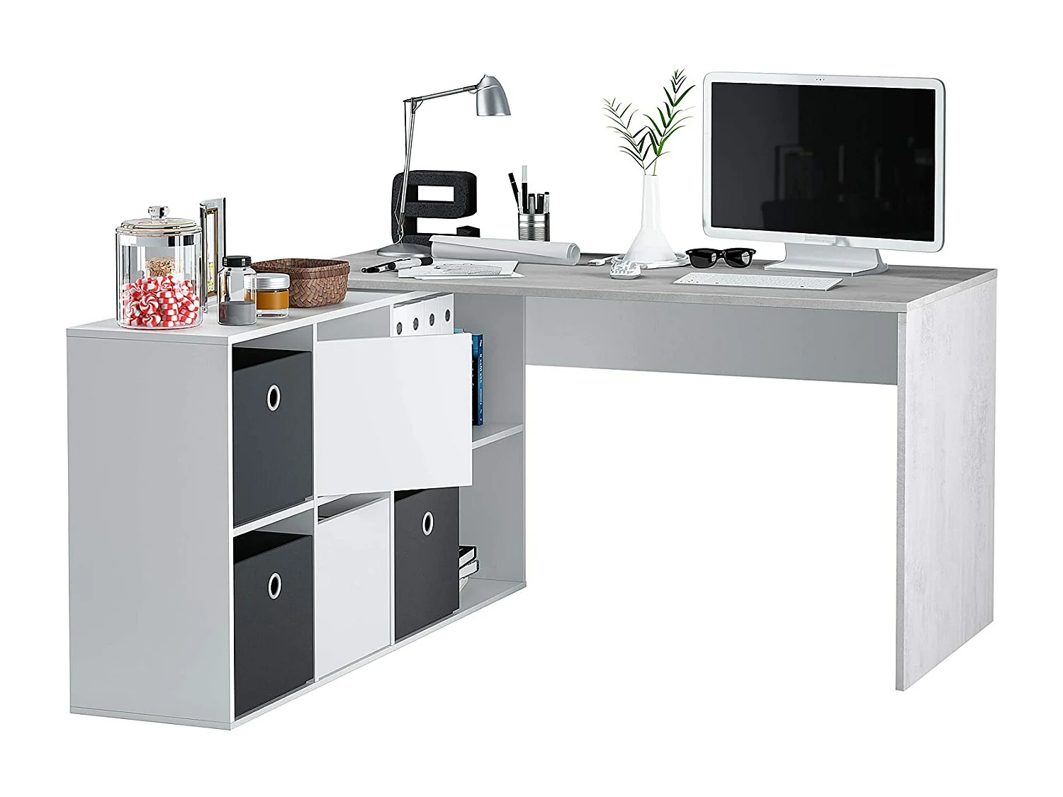 Escritorio con Caja Color Blanco ártico/Cemento - Altura 74 x Longitud 136 x 139 cm