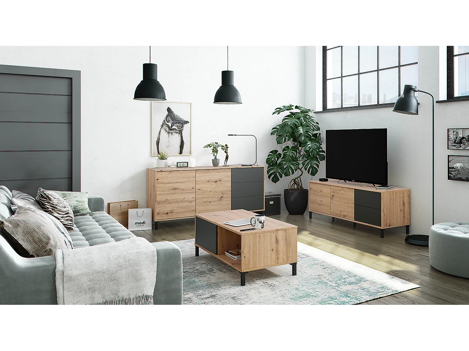 Mueble TV en melamina Color Roble y Gris Antracita - Altura 47 x Longitud 130 x Profundidad 41 cm