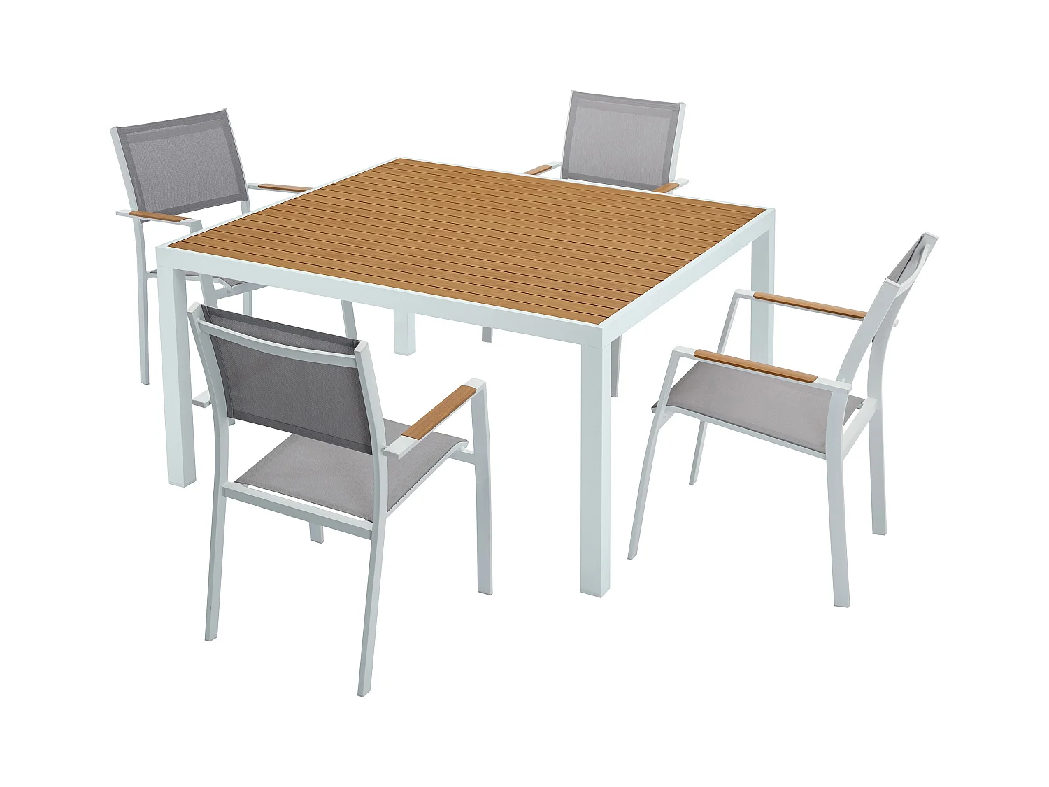 Salle à manger de jardin en aluminium : une table carrée L.140 cm et 4 fauteuils empilables - Naturel clair et gris - MACILA de MYLIA