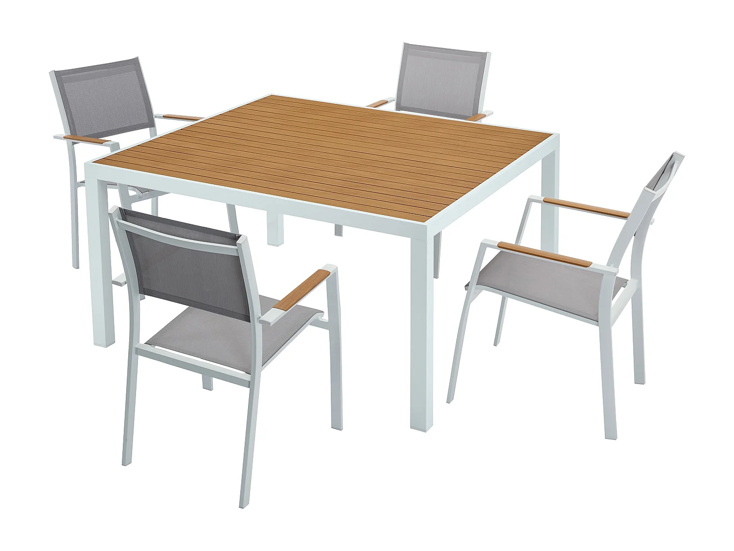 Salle à manger de jardin en aluminium : une table carrée L.140 cm et 4 fauteuils empilables - Naturel clair et gris - MACILA de MYLIA