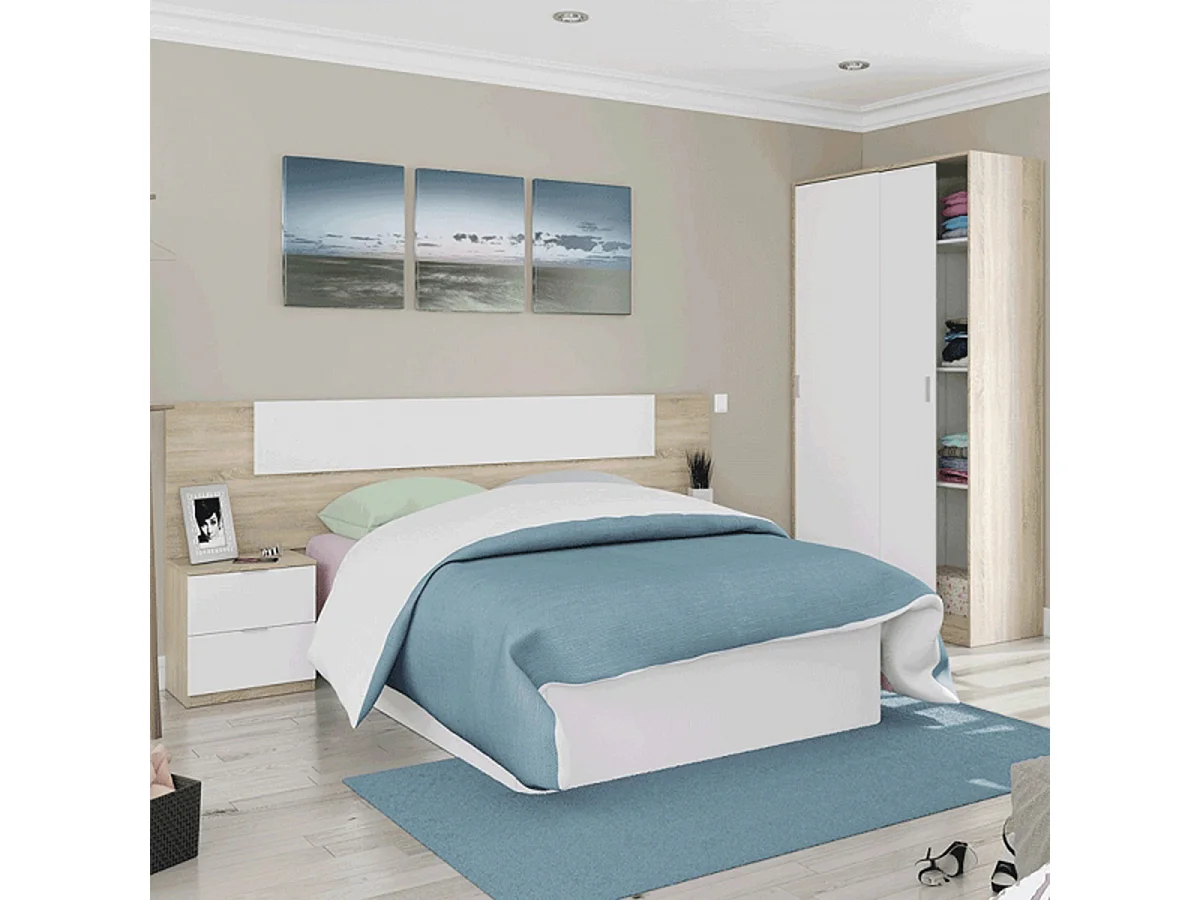 Armario Ropero con Dos Puertas Correderas, Estantes y Perchero, Acabado en Blanco Artik y Roble Canadian - Dim: 120 cm (Largo) x 200 cm (Alto) x 50 cm (Fondo)