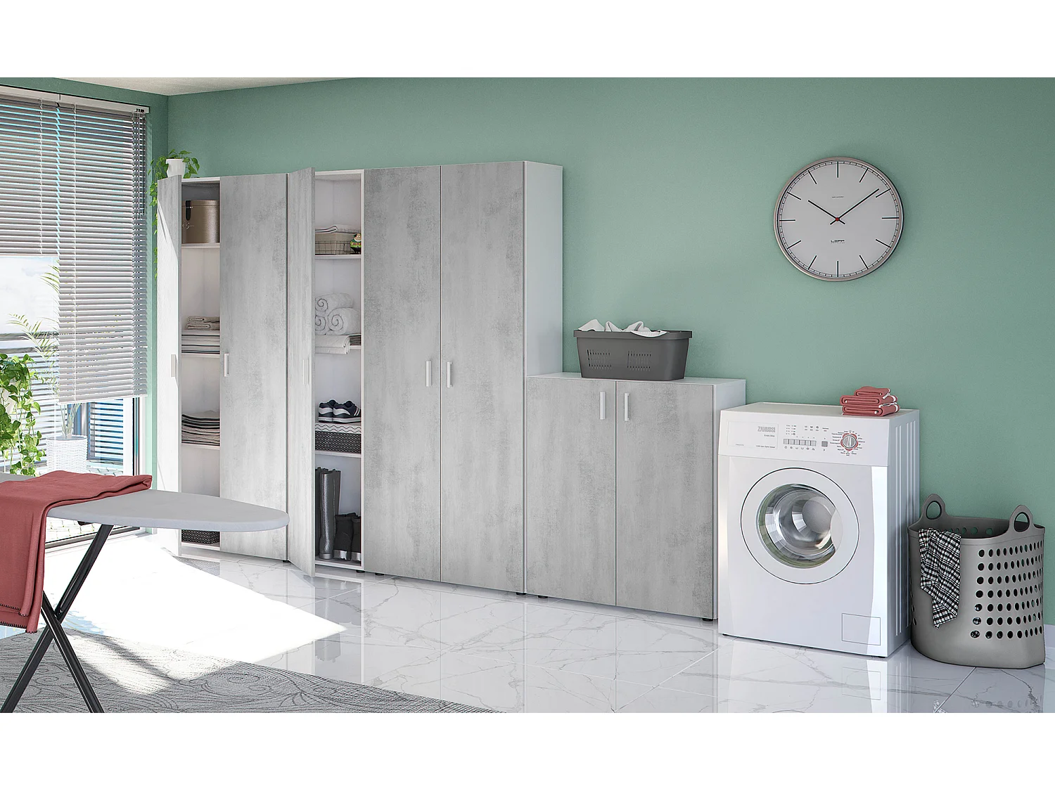 Armario Mueble de Almacenamiento en aglomerado de melamina Color Blanco Mate y Gris Cemento - Altura 182 x Longitud 41 cm x Profundidad 37 cm