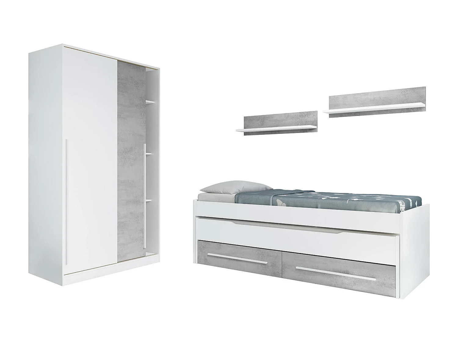 Armario Ropero Mueble de Almacenamiento 2 Puertas Correderas de Madera Color Blanco Mate y Gris Cemento - Altura 200 x Longitud 120 cm x Profundidad 50 cm