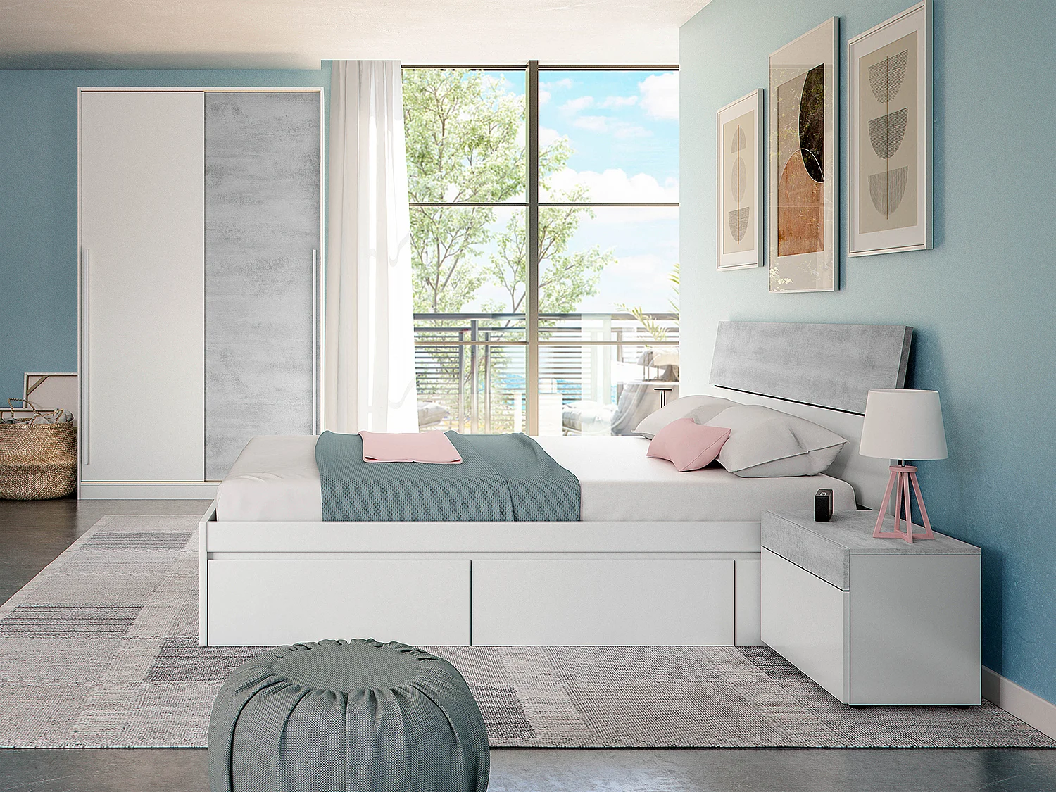 Armario Ropero Mueble de Almacenamiento 2 Puertas Correderas de Madera Color Blanco Mate y Gris Cemento - Altura 200 x Longitud 120 cm x Profundidad 50 cm