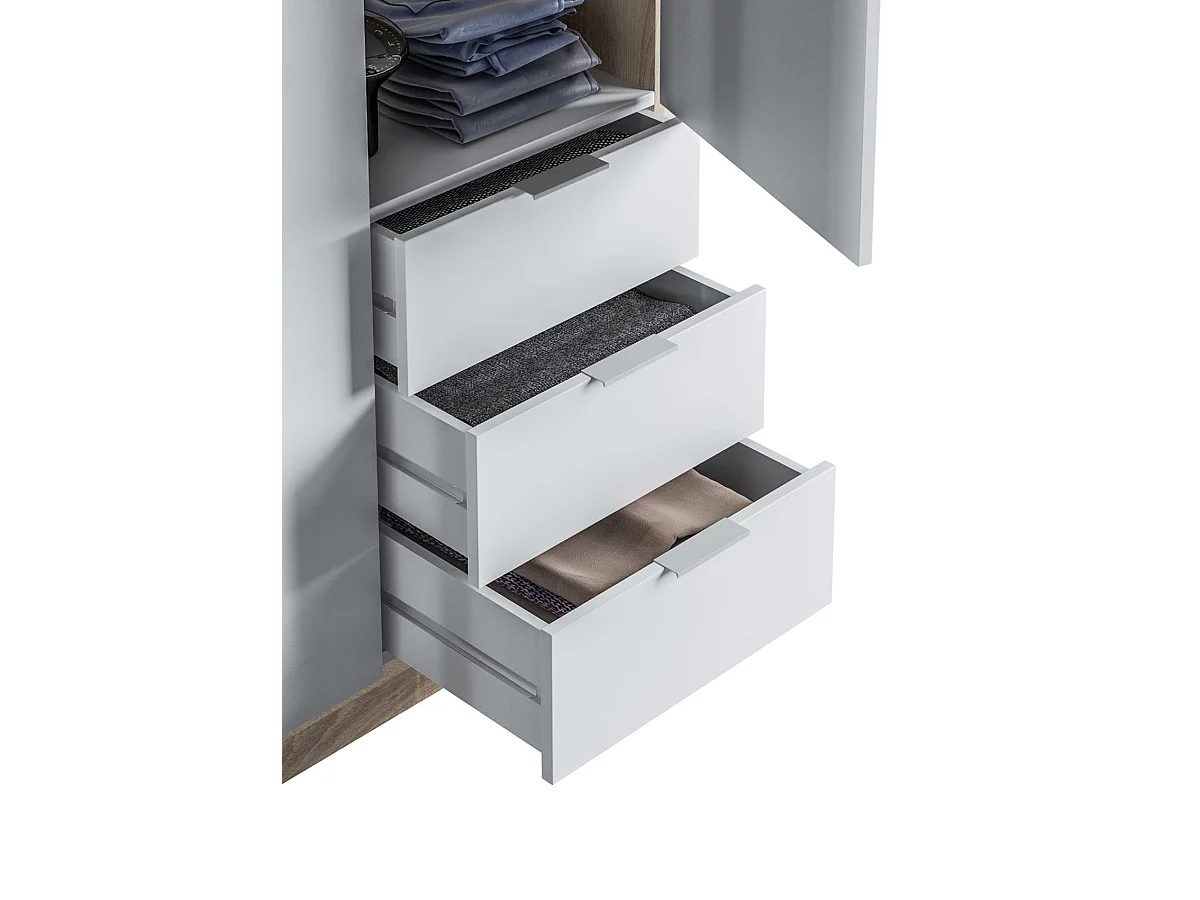 Armario con 3 Puertas y 3 Cajones Color Roble y Blanco - Dim : L 121 x A 180 x P 52 cm