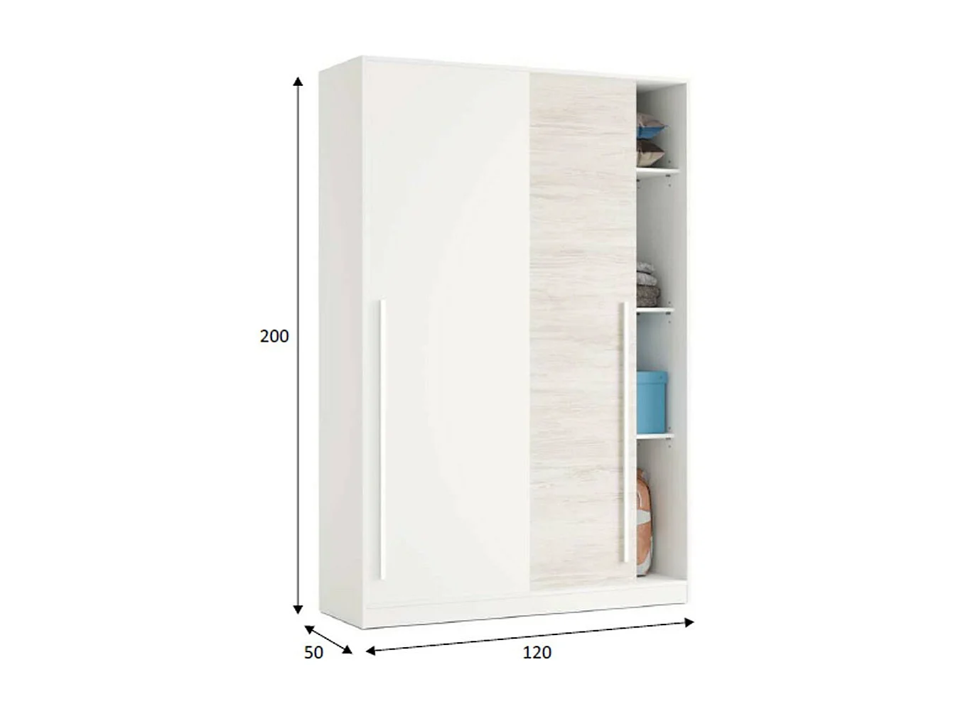 Armario Ropero con 2 Puertas Correderas, Perchero y Estantes, con Acabado en Blanco Artik y Blanco Velho - Dim: 120 cm (Largo) x 200 cm (Alto) x 50 cm (Fondo)