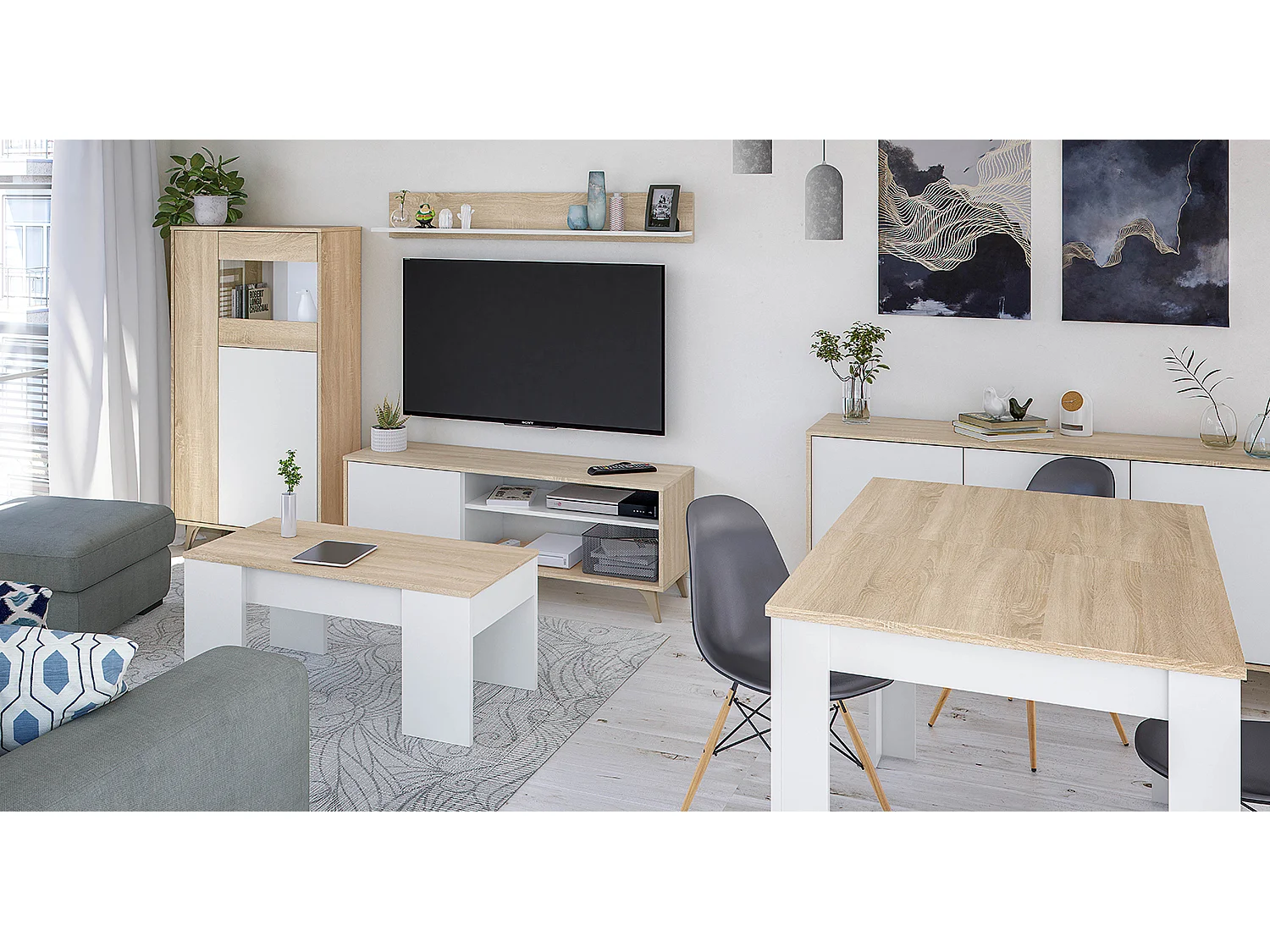 Armario Mueble de Almacenamiento Vitrina en melamina Color Roble Canadian y Blanco artik - Altura 142 x Longitud 77 cm x Profundidad 33 cm