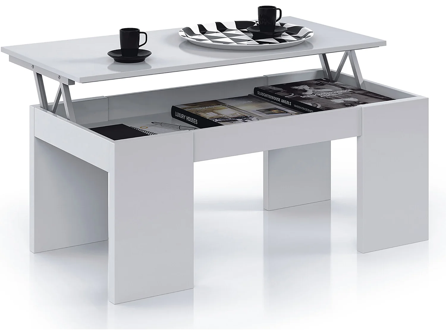 Mesa de Centro Elevable para Salón o Comedor con Acabado en Blanco Brillo - Dim: 100 x 50 x 43-54 cm