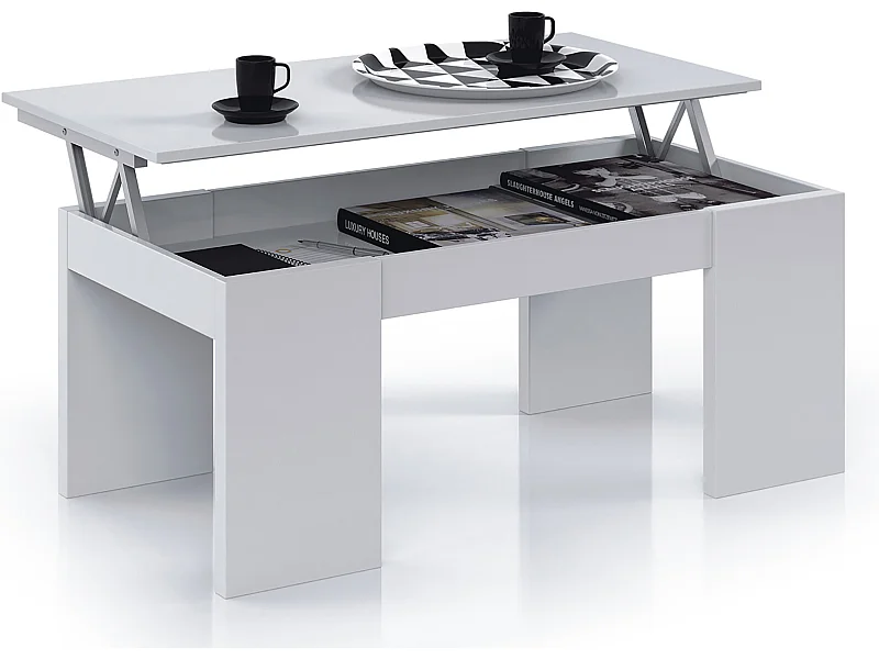 Mesa de Centro Elevable para Salón o Comedor con Acabado en Blanco Brillo - Dim: 100 x 50 x 43-54 cm