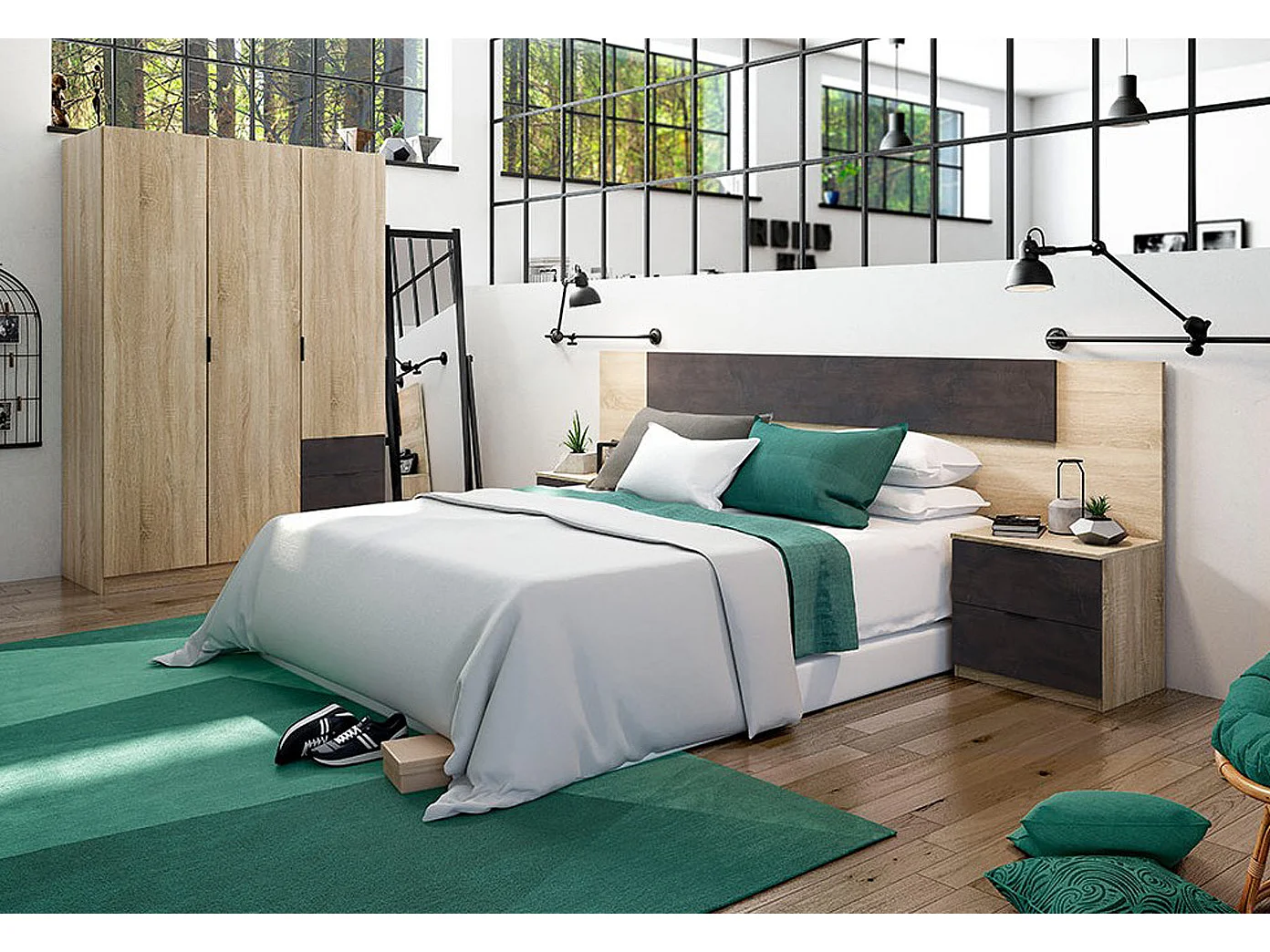 Cabezal + Dos Mesitas de Noche, Cabecero y Mesitas con Acabado en Roble Canadian y Oxido - Dim: 247 cm (Ancho) x 50 cm (Alto) x 38 cm (Fondo)