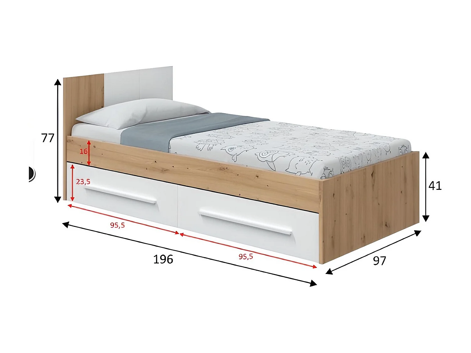 Juego de Cama con Cabecero y Dos Cajones en melamina Color Blanco - Longitud 196 x Profundidad 97 x Altura 77 cm