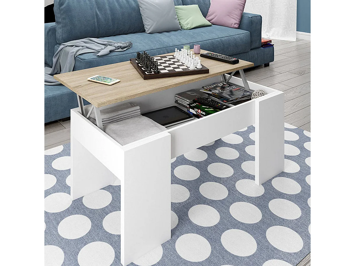 Mesa de Centro modulable en Aglomerado Color Blanco artik/Roble Canadiense -Dim : L100 x P50 x A42 cm