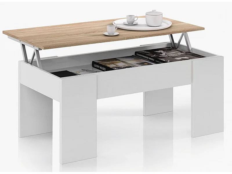 Mesa de Centro modulable en Aglomerado Color Blanco artik/Roble Canadiense -Dim : L100 x P50 x A42 cm