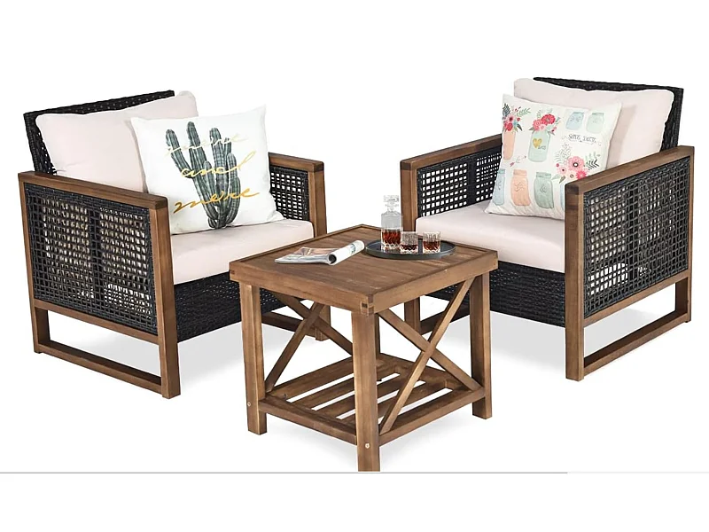 Ensemble Salon de Jardin en Bois d'Acacia 3 Pièces de Patio en Rotin Charge 160KG, Rotin et fibre naturelle Artisanal Anti-soleil, Résistant aux Intempéries pour Porche Balcon Terrasse