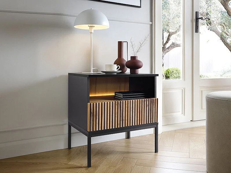 Table de chevet Soferi 110, Noir|Chêne wotan, 56x54x39cm, Stratifié