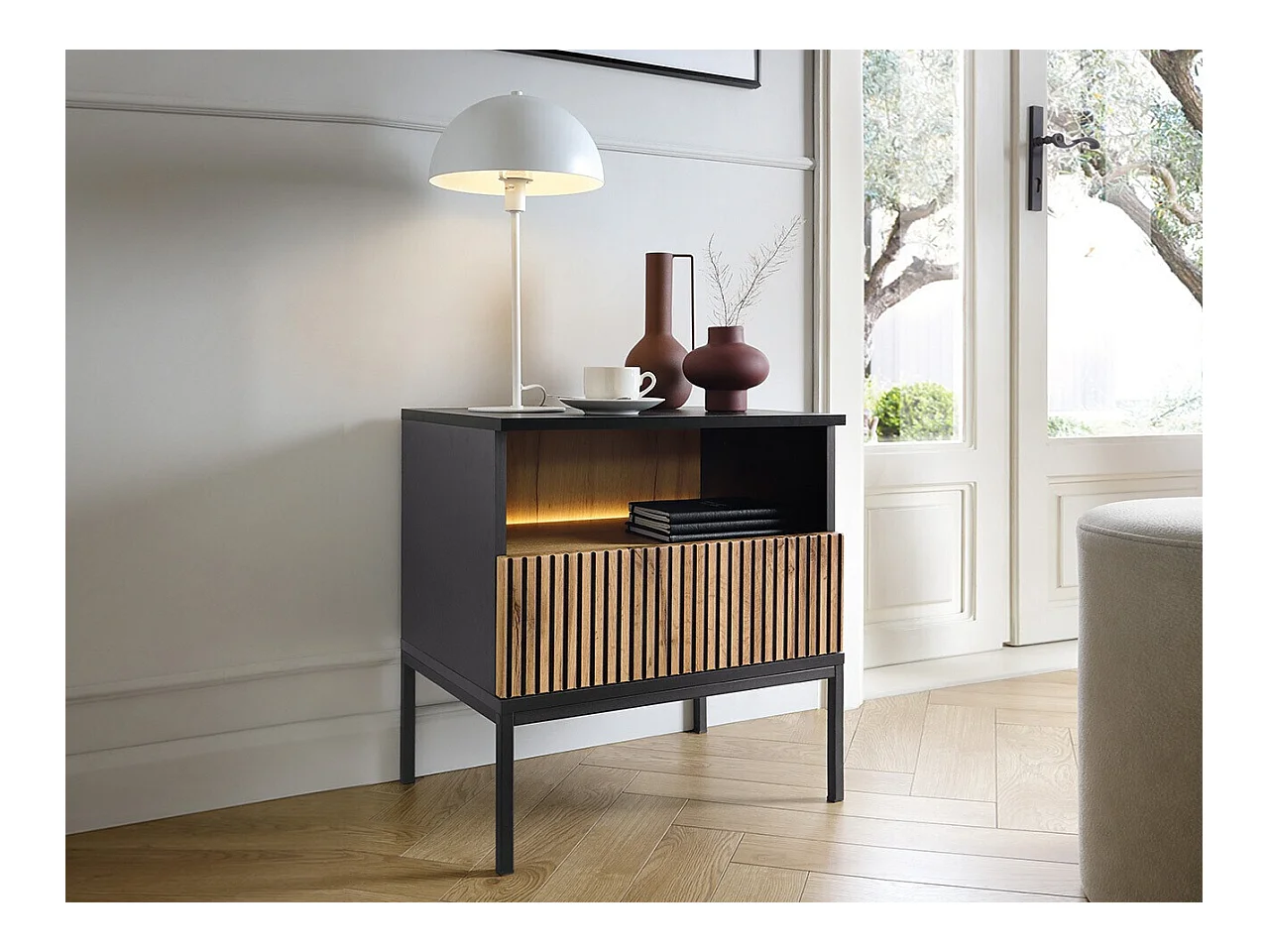 Comodino Lima H101, Nero|Wotan quercia, Numero di cassetti: 1.00, 56x54x39cm