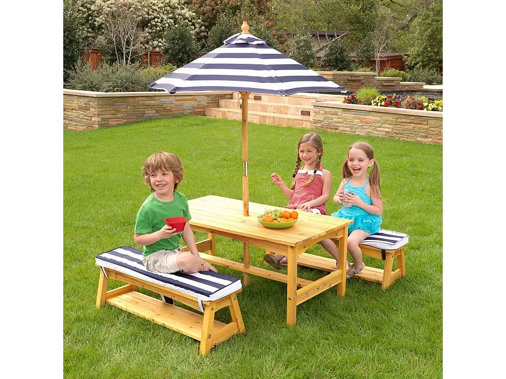 Set di tavolo e panca da esterno con ombrellone per bambini