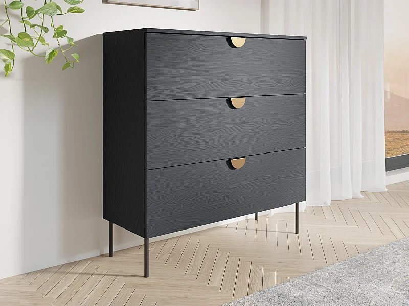 Commode avec 3 tiroirs - Noir et doré - NATANIEL