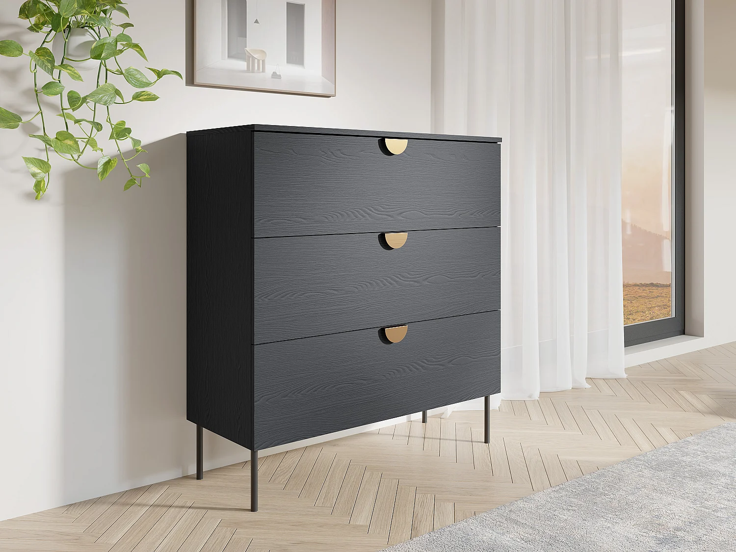 Commode avec 3 tiroirs - Noir et doré - NATANIEL