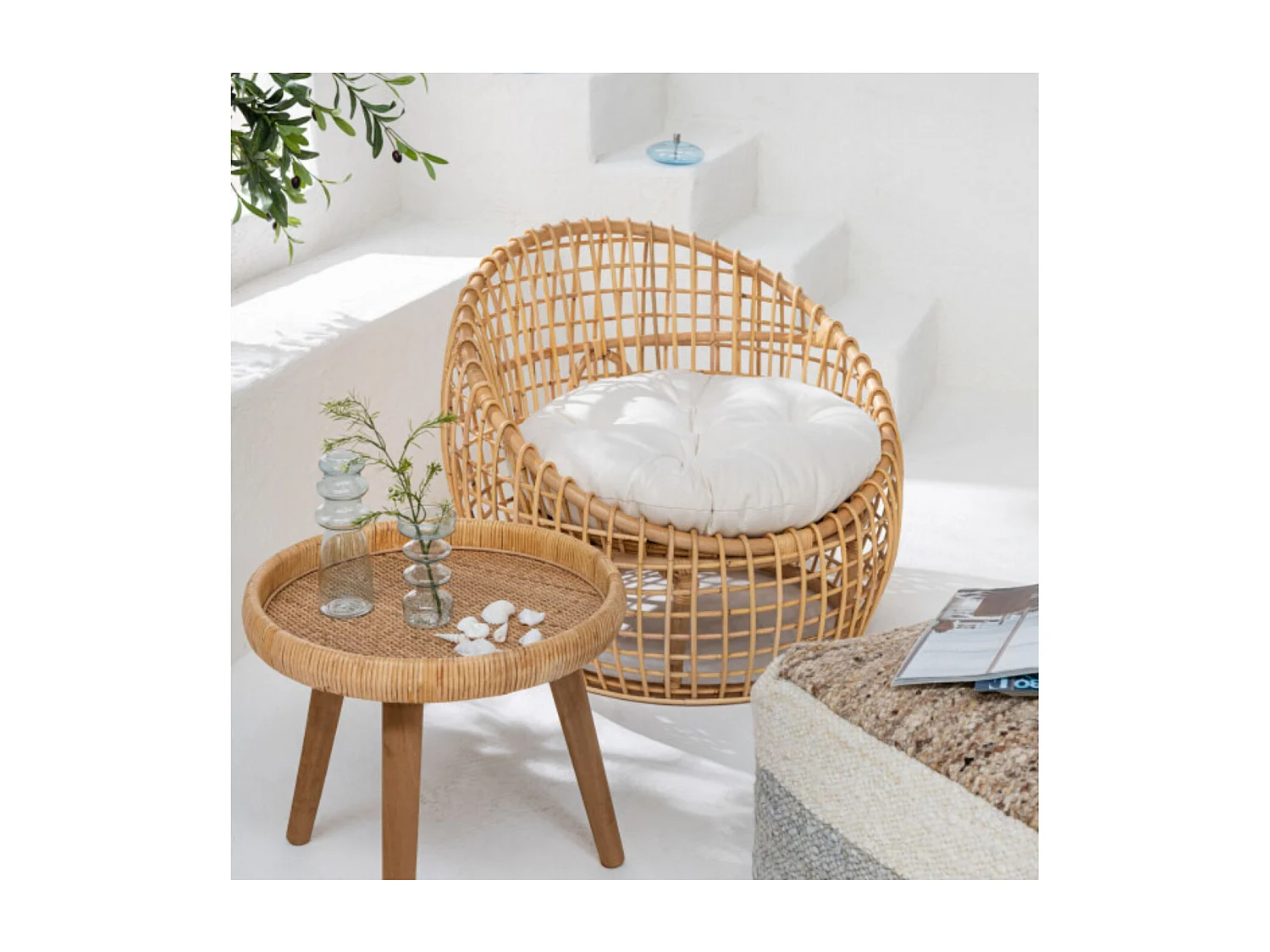 Fauteuil en Rotin & Coussin "Lise" 84cm Naturel