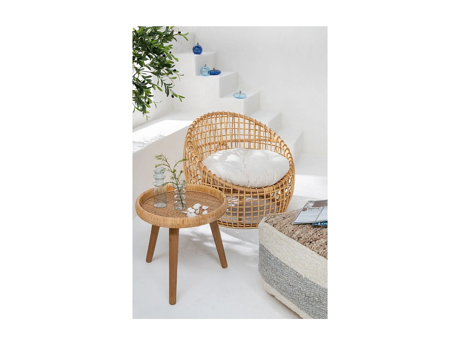 Fauteuil en Rotin & Coussin "Lise" 84cm Naturel
