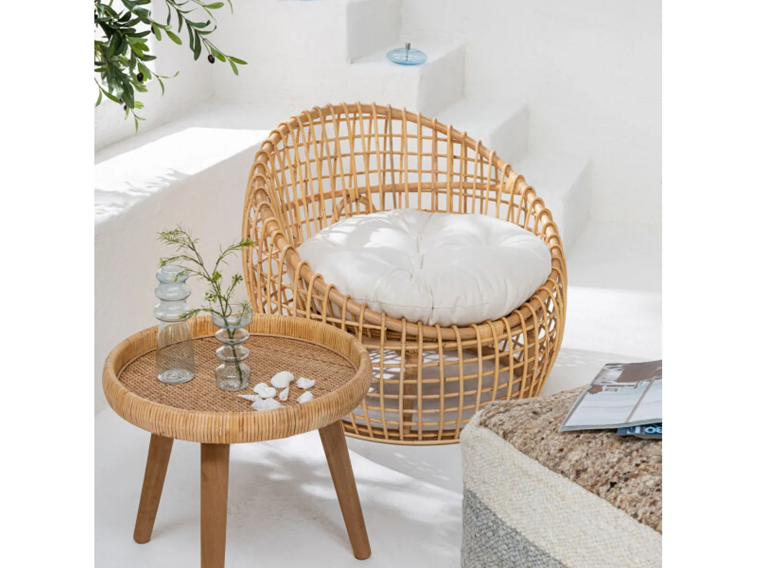 Fauteuil en Rotin & Coussin "Lise" 84cm Naturel