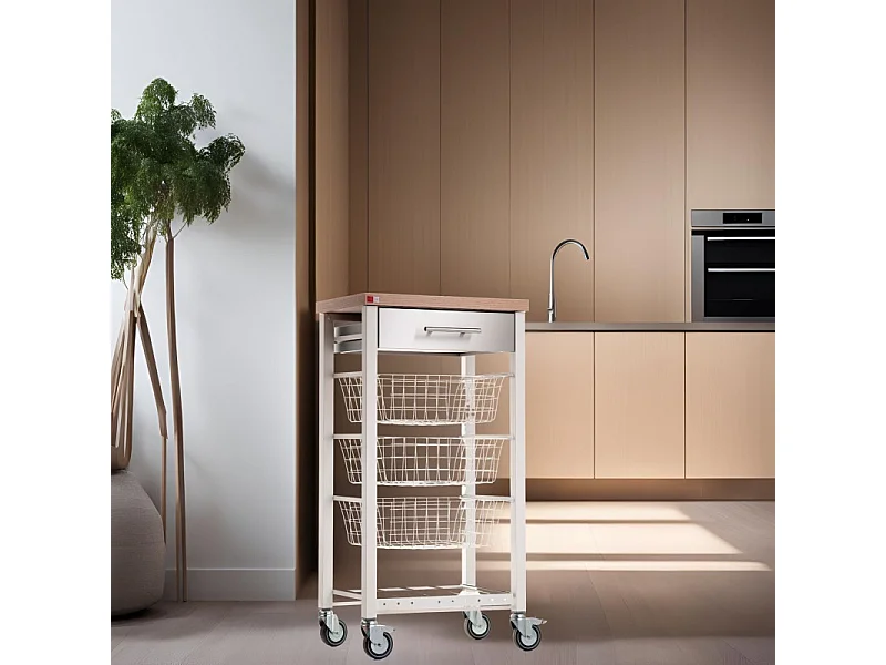 Desserte de cuisine sur roulettes - Blanc, Inox, Orme  -  91*48,5*34cm - ONDA