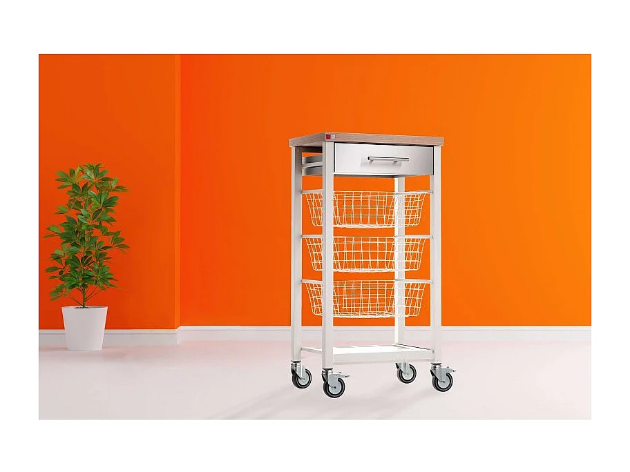 Desserte de cuisine sur roulettes - Blanc, Inox, Orme  -  91*48,5*34cm - ONDA