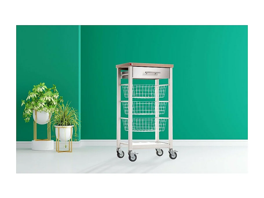 Desserte de cuisine sur roulettes - Blanc, Inox, Orme  -  91*48,5*34cm - ONDA