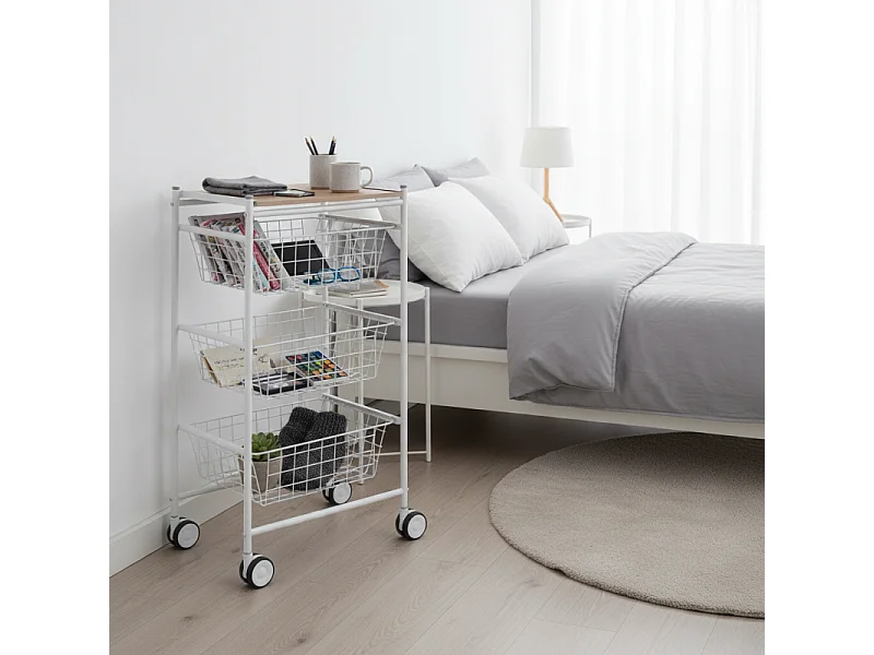 Küchenwagen mit 3 großen Auszugskörben - Weiß-Buche - 81*43,7*32,5 cm - AXO