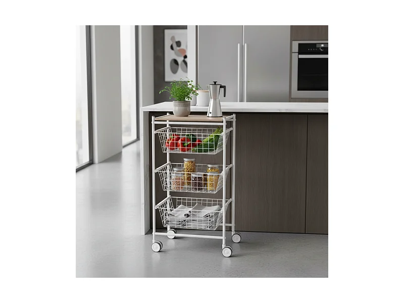 Desserte de cuisine, 3 grands paniers coulissants - Blanc-Hêtre - 81*43,7*32,5 cm – AXO