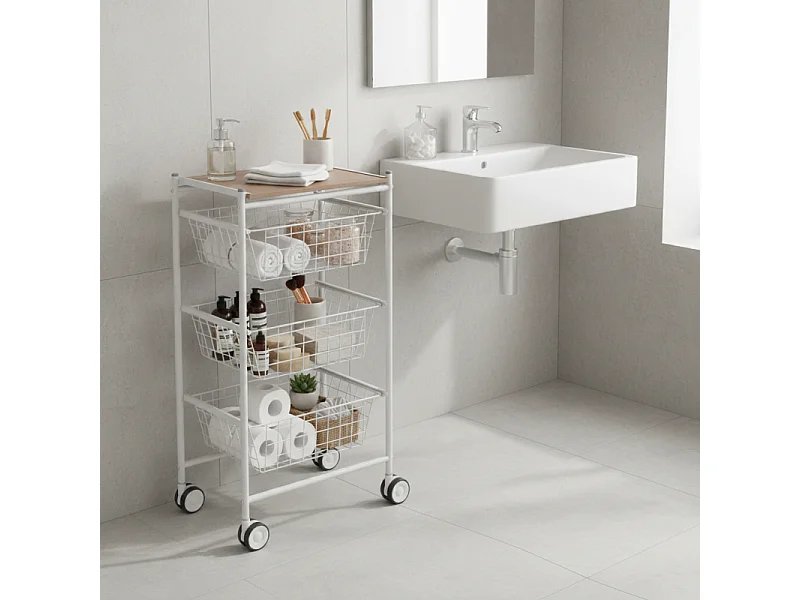 Desserte de cuisine, 3 grands paniers coulissants - Blanc-Hêtre - 81*43,7*32,5 cm – AXO