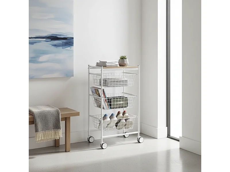 Desserte de cuisine, 3 grands paniers coulissants - Blanc-Hêtre - 81*43,7*32,5 cm – AXO