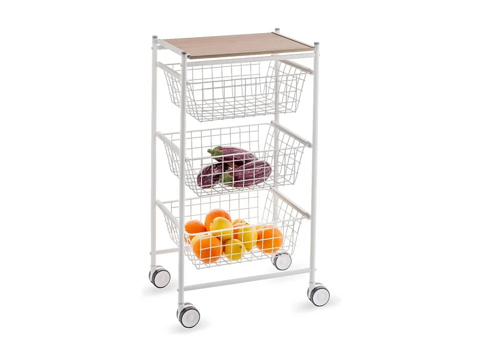 Carrello da cucina, 3 grandi cestini estraibili - Bianco-Faggio - 81*43,7*32,5 cm - AXO
